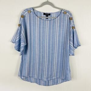 Ellen Tracy Top Small Blue Striped Linen Blend Dolman Sleeve Button Shoulder